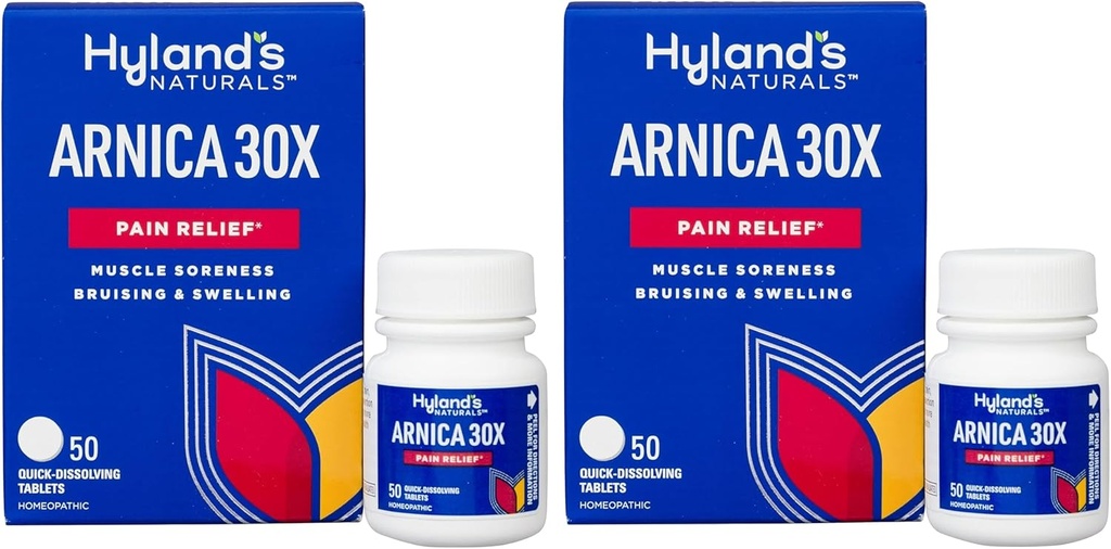 Hyland Naturals Arnica Montana 30x Tablety, Přírodní úleva od modřin, Otok a svalová bolestivost, Rychlé rozpuštění tablety, 50 Počet (balení po 2)