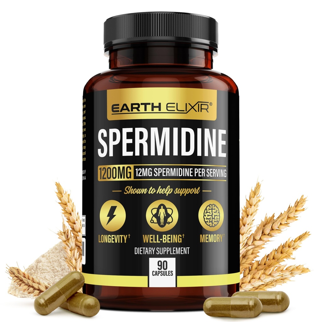 Zemní elixír Spermidine doplňky 1200mg (90 Kapsle) - Anti Aging - 3. strana Testováno (12 mg Spermidine Powder) Max Čistota - 100% Čistá Espermidina- Fermented Wheat Germ Extract - NMN Alternativní