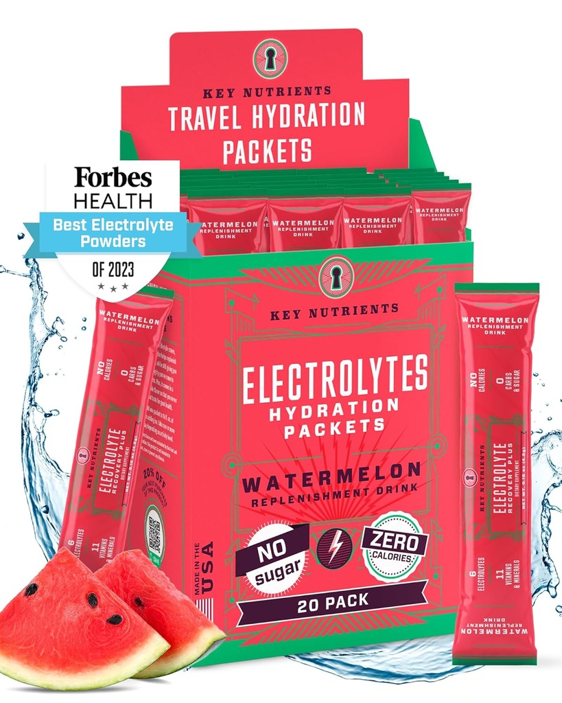 KEY NUTRIENTS Electrolytes Powder Packets - Refreshing Watermeloun 20 Pack Hydration Packets - Travel Hydration Powder - No Sugar, No Calories, Gluten Free - Made in USA