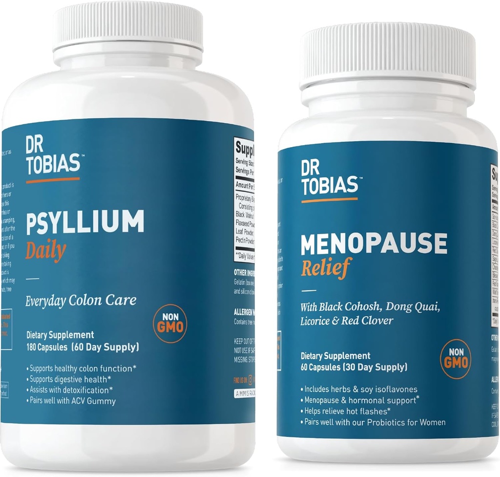 Dr. Tobias Menopauza Relief a Psyllium Daily - podporuje hormonální rovnováhu a stravitelné zdraví, non-GMO