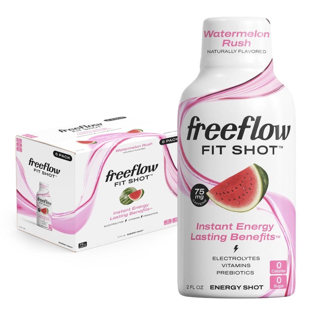 Freeflow Fit Energy Shots, Vodní meloun Rush, Přírodní kofein Boost s L- theanin, ženšen, Vitamíny, Prebiotika, Elektrolyty (6 Počet, 2oz Shots)