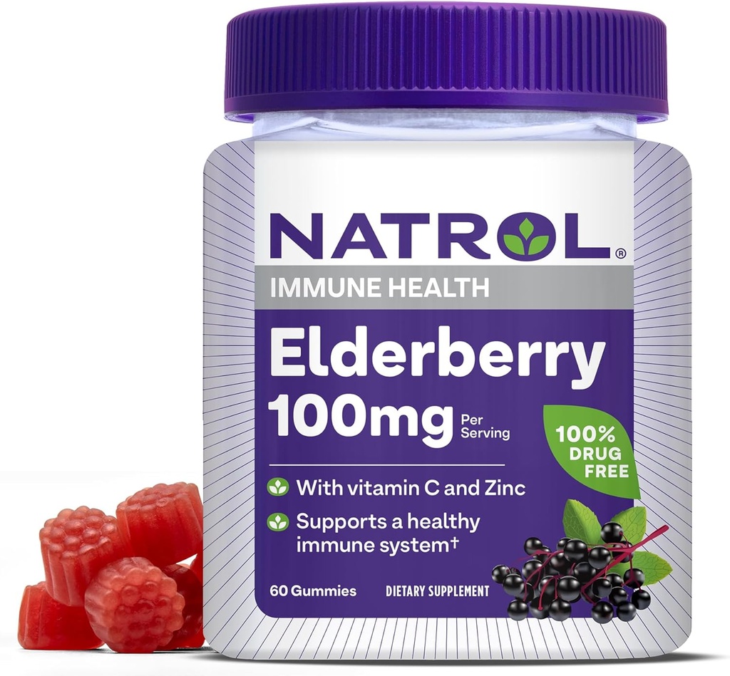 Natrol Elderberry 100mg gumy pro imunitní podporu zdraví, 60 Berry- ochucené gumy, 30 denní zásobování