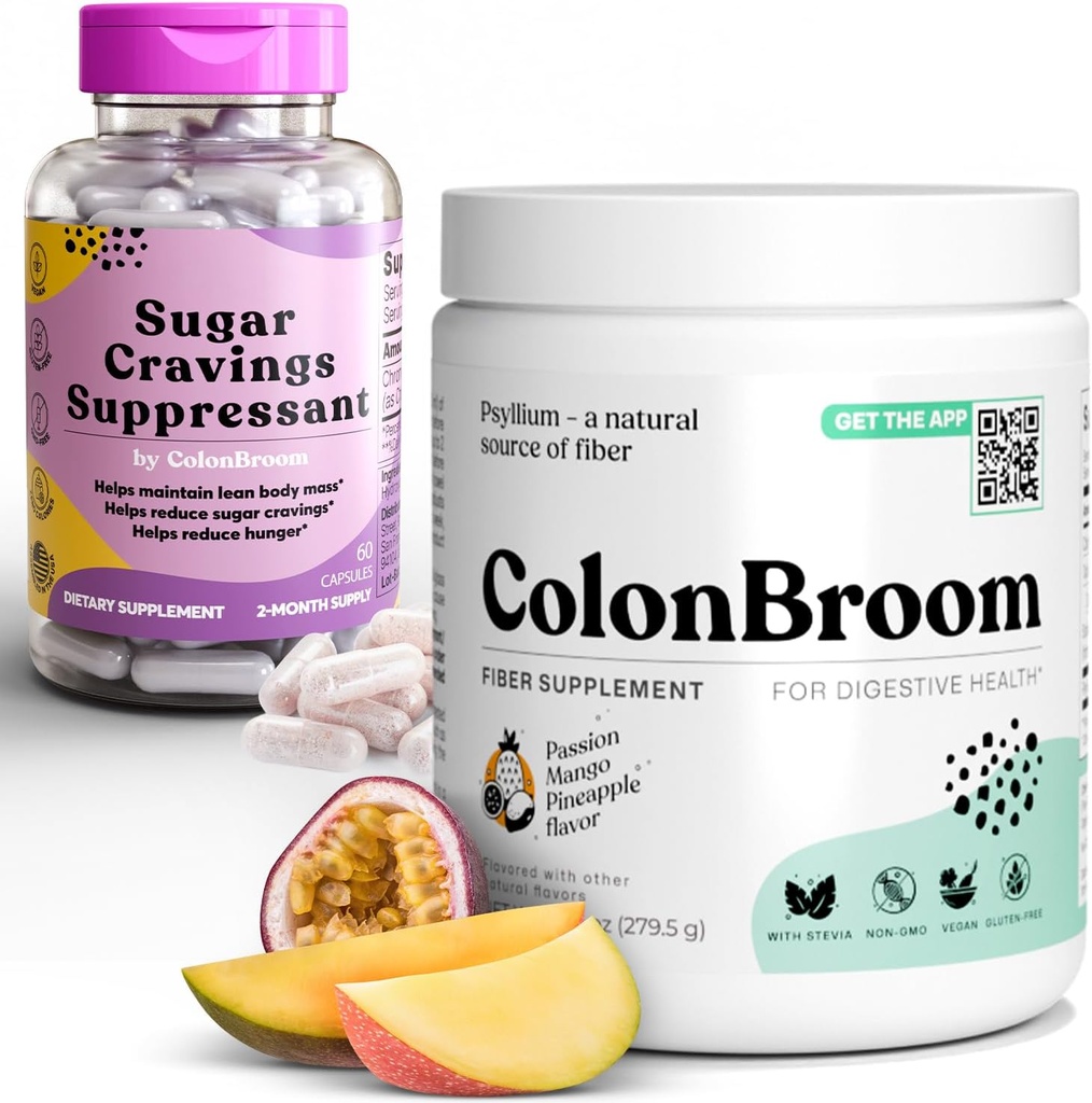 ColonBroom Psylium Husk Powder Sugar Craving Suppressant - Chromium Picolinate 200mcg, 2 položky - Colon Cleanser Fiber Supplement (50 Servings) + Suppressant Cugar Craving (60 Servings)