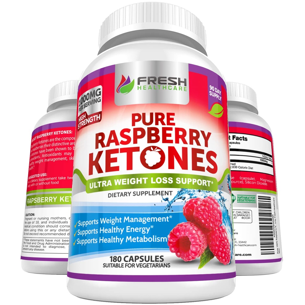 FRESH ZDRAVOTNÍ PÉČE Čisté 100% Malina Ketony Max 1000mg per Serving - 3 měsíce Dodávka Non GMO - Pokročilá podpora hubnutí - 180 Kapsle