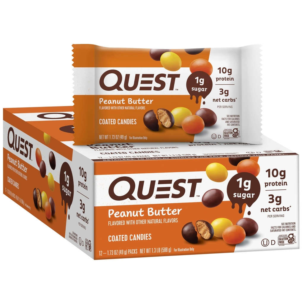 Quest Nutrition Coated Candies, Arašídové máslo, 1g cukru, 10g proteinu, 4g čisté sacharidy, gluten zdarma, Keto Friendly, 12 Počet