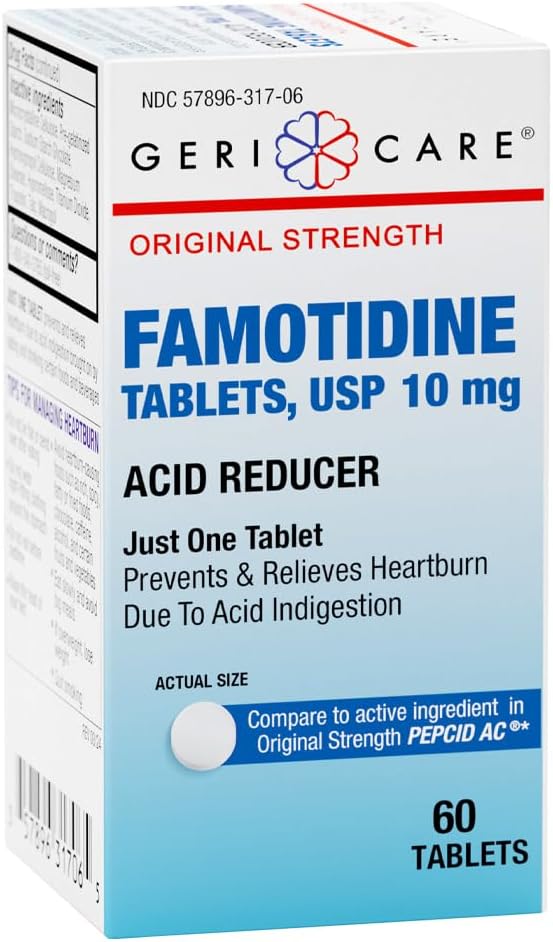 GeriCare Regular Strength Famotidin 10mg Tablety, Reducer kyseliny, Relief for Heartburn, Acid Reflux a Acid Indigestion, 60 Počet (Balení po 1)