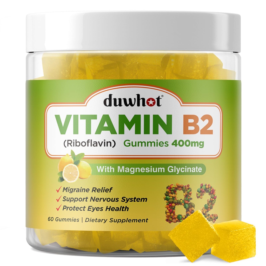 Vitamin B2 Gummies s magnesium- Riboflavin 400mg pro léčbu migrény a bolesti hlavy, B2 Vitamíny Gummies pro dospělé a děti, Vegan, 60 Žvýkací