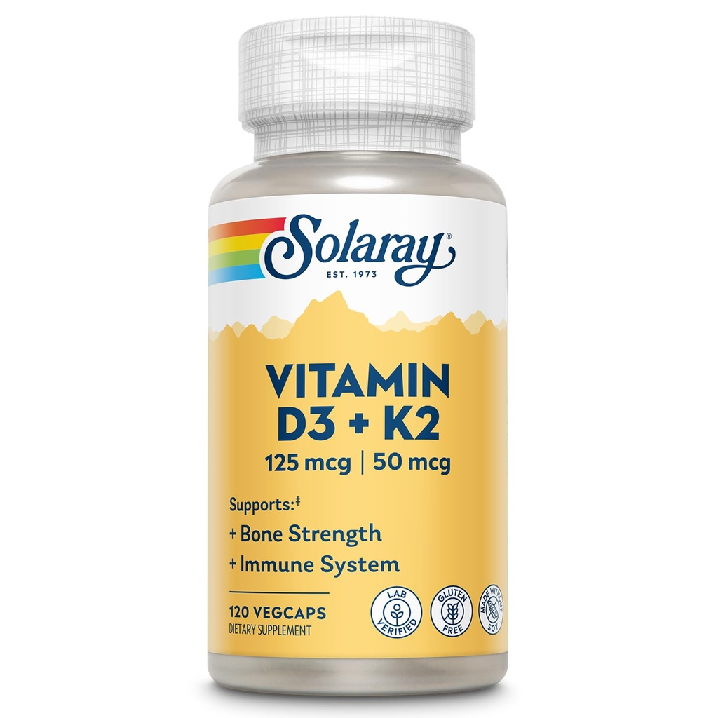 SOLARAY Vitamin D3 K2 - Kostní zdraví a imunitní podpora doplněk - S 5000 IU vitaminu D jako Vit D3 a 50 mcg vitaminu K2 jako Menochinon MK7, Made Without Soy, 60- Day Garance, 120 Serv, 120 VegCaps