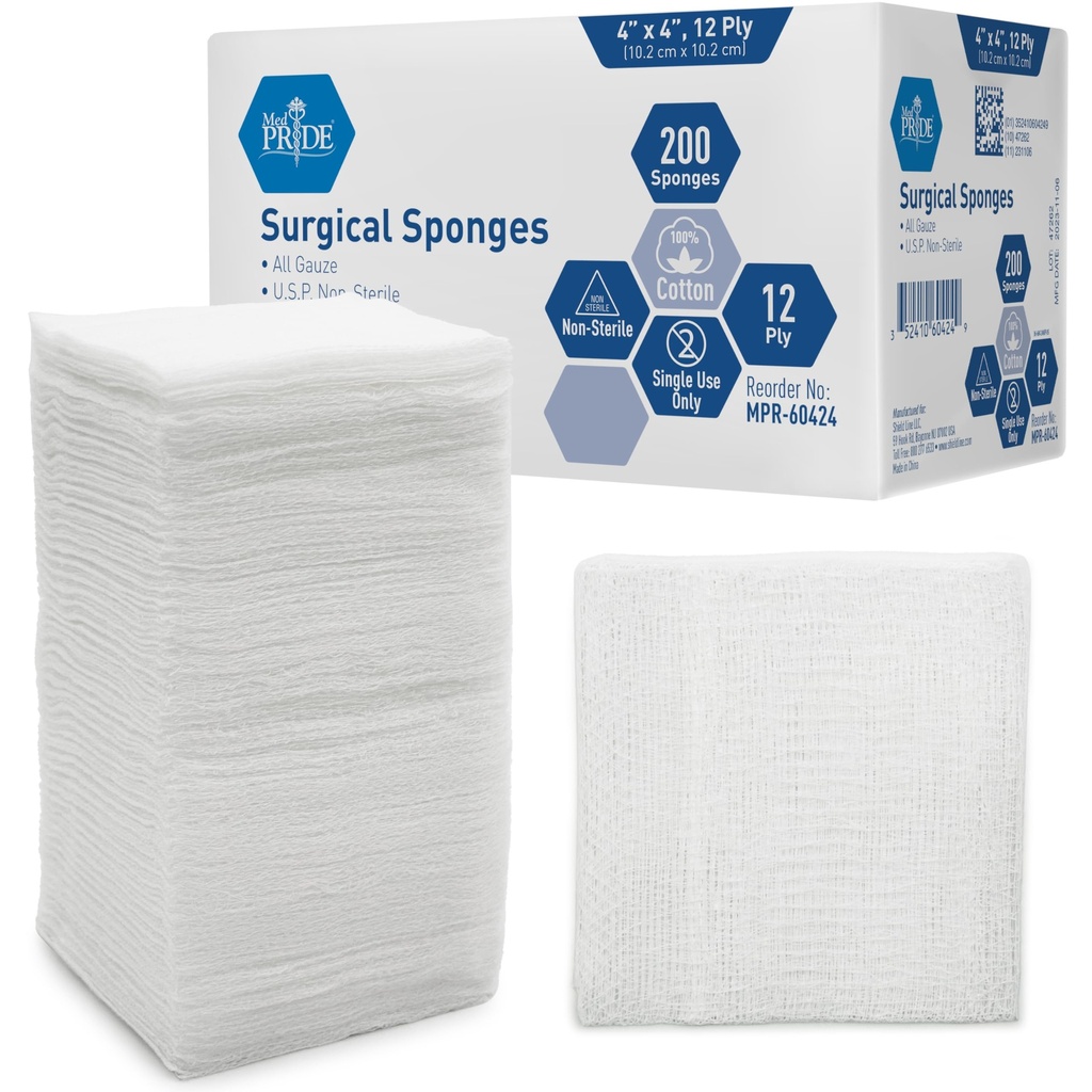 MED PRIDE 4 "x 4" Gáza, 200 Chirurgické Sponges 12-ply Extra Absorbent 124; All- Gáza, Non- sterilní 124; Great for Wound Dressing, Prepping, Scrubbing & Cleaning 124; Essential First- Aid