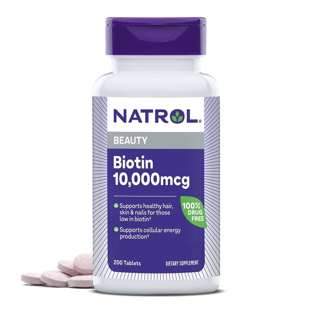 Natrol Biotin 10000mcg, dodatek pro zdravé vlasy, kůže a hřebíky pro ty, Nízké v Biotinu, Plus Energy Metabolismus Podpora, 200 Tablety, Až 200 denní dodávky