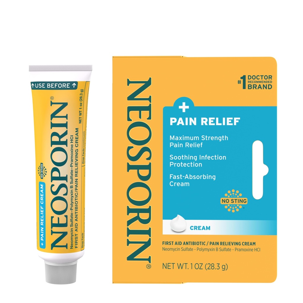 Neosporin + Maximum - Strength Pain Relief Dual Action Cream, First Aid Topical Antibiotic and Angesic Cream for Wound Care of Minor Cut, Scraps and Burns, Polymyxin B & Pramoxine HCl, 1 oz