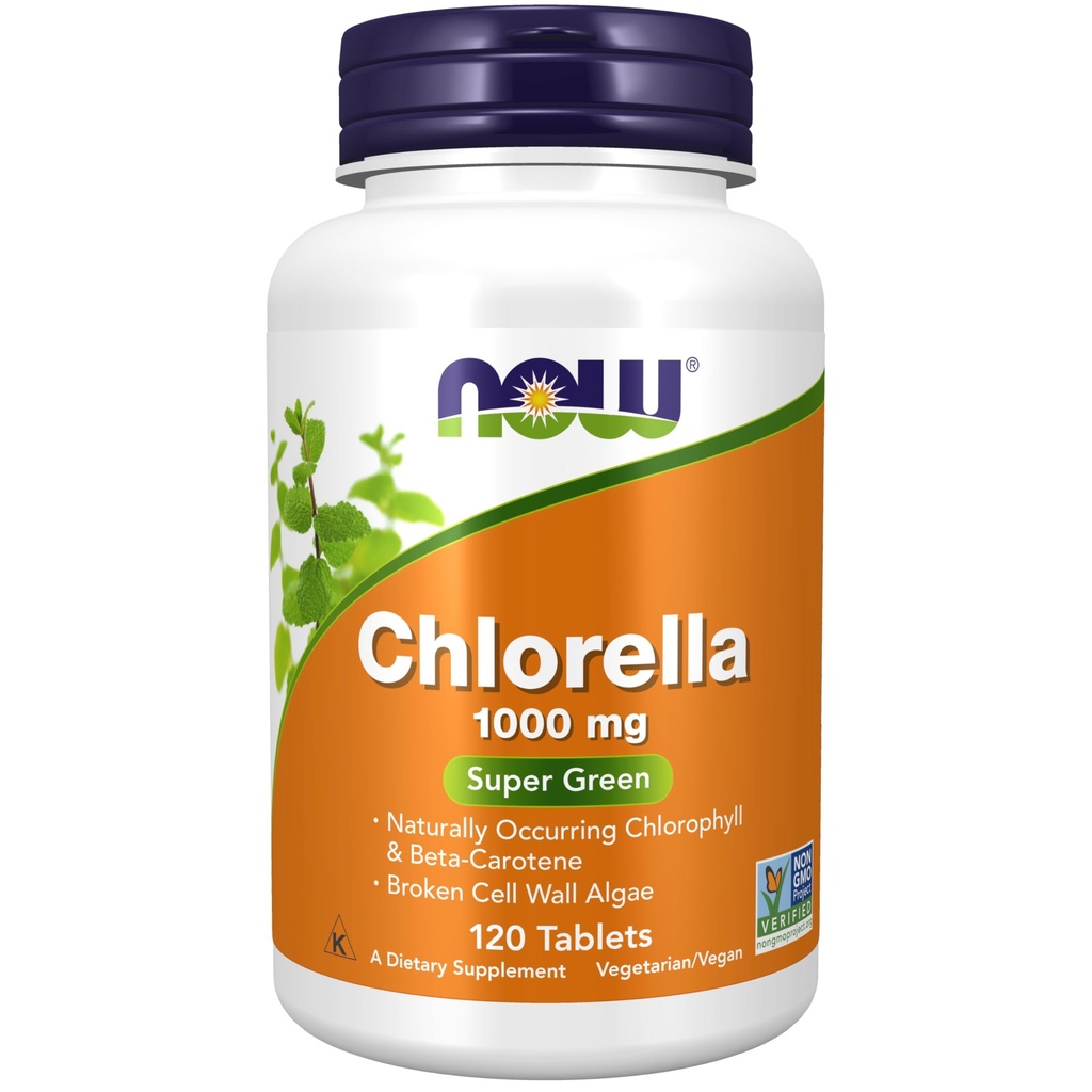 Nyní Potraviny doplňky, Chlorella 1000 mg s přirozeně se vyskytujícím chlorofylem, betakaroten, smíšené karotenoidy, vitamin C, železo a protein, 120 tablet