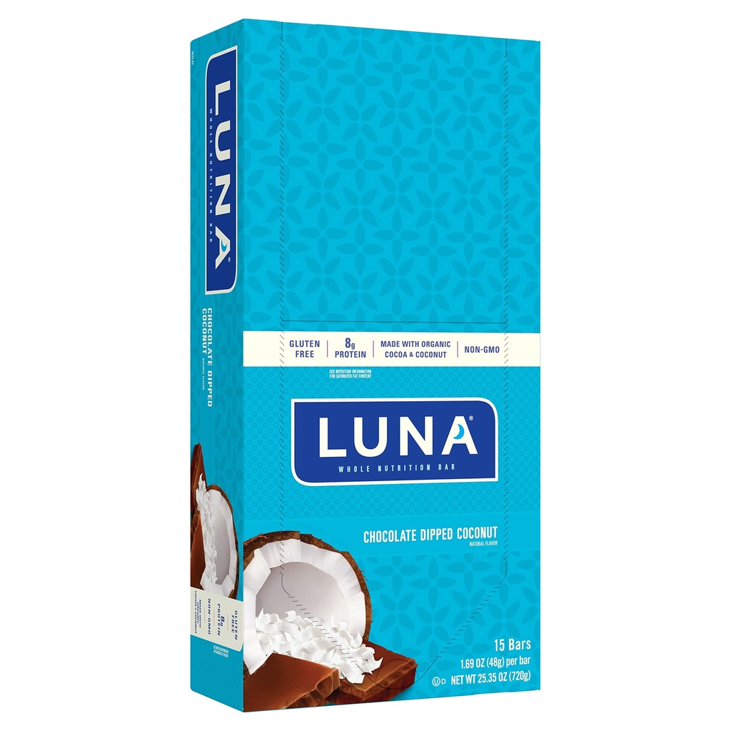 LUNA - Gluten Free Snack Bary - Chocolate Dipped Coconut Flavor -8g proteinu - Non- GMO - Plant- based Worsome Snacking - On the Go Snacks (1.69 Ounce Snack Bars, 15 Počet)