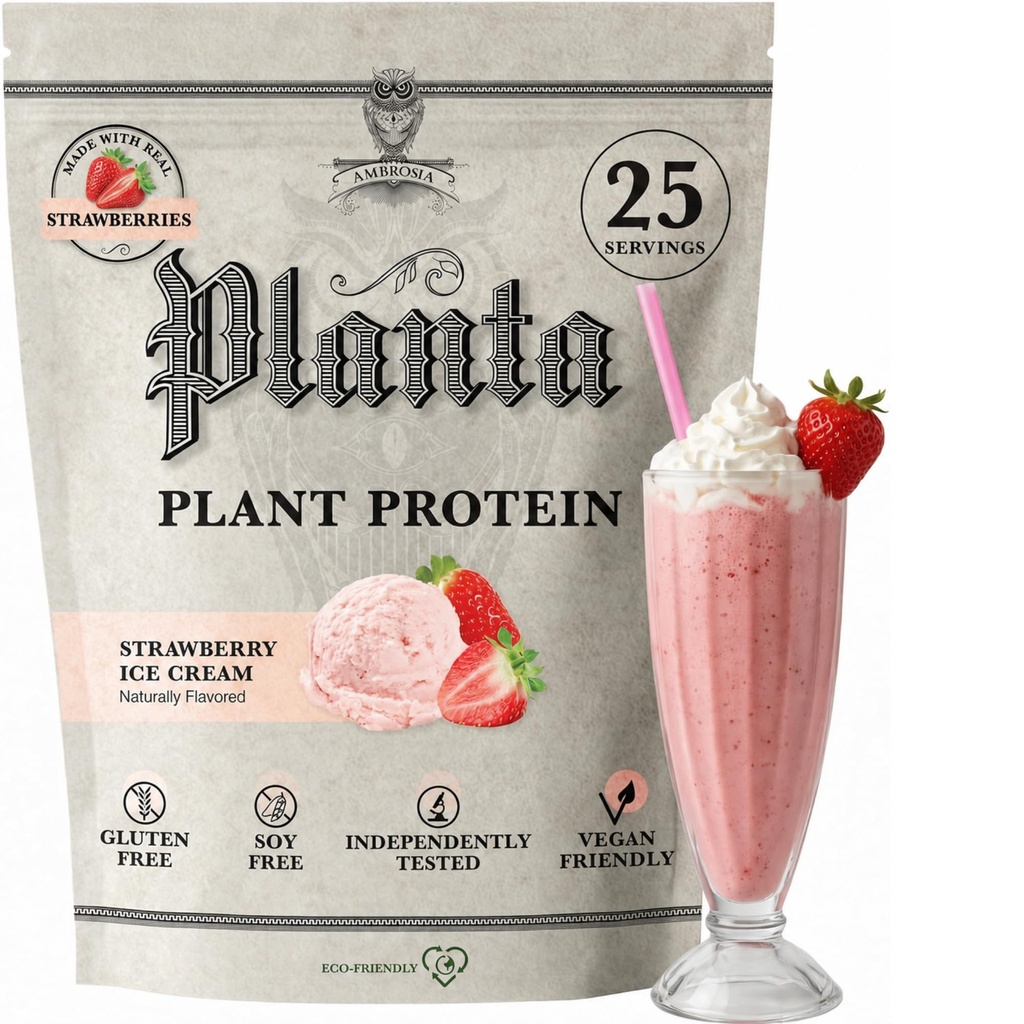 Ambrosia Planta - Premium Plant- Based Protein 124; Vegan & Keto Friendly Affairs 124; Gourmet Flavors PHAR124; No Floating or Stomach Upset PHAR124; gluten & Soy Free Gluten & Soy Free PHAR124; No Added Sugar PHAR124; 25 Servings PHAR124; Jahodová zmrzlina