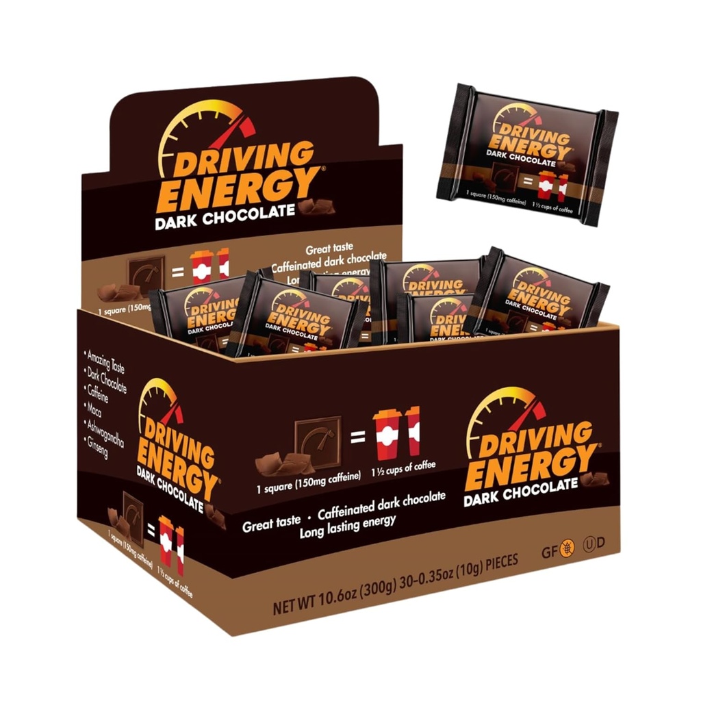 Driving Energy - Caffeinated Energy Bite Size - Tmavá čokoláda Palivo s 150mg kofeinu - Dlouhé trvání pro posilovnu, cvičení, Dospělí - Velká chuť - Nízká carb - Zdravý Snack - 30 Počet
