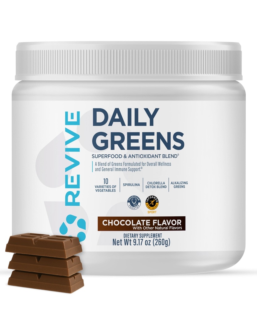 Revive MD Daily Green Powder Superfood (Chocolate) - Supergreens Powder to Support Energy Levels - Zelená šťáva, která zlepšuje příjem vláken - Zeleninové podporuje stravu a Gut zdraví