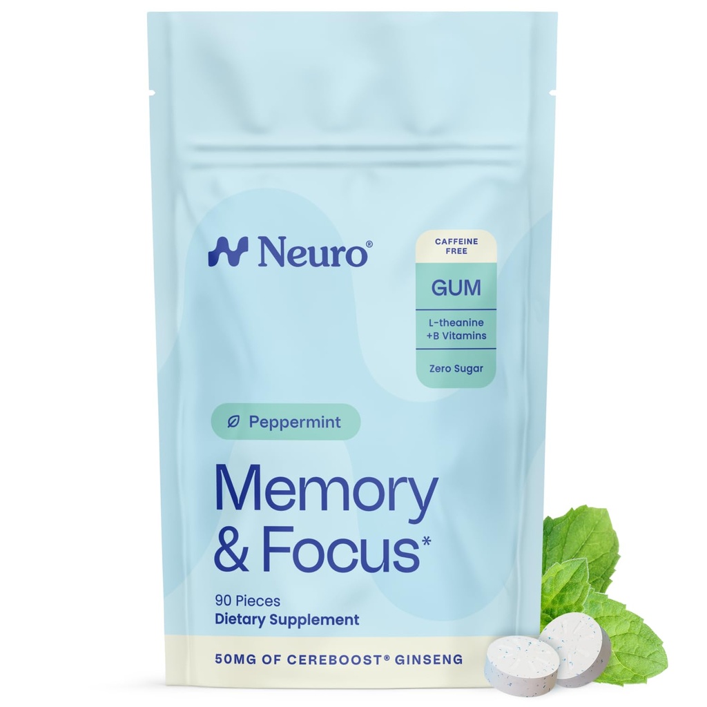 Neuro Memory & Focus Gum - nootropní žvýkačka s vitaminem B12, vitamín B6, L-Theanine & Ginseng Extract - Přírodní Brain Supplement - Vegan, Kofein & Cukr zdarma Chews - Peppermint, 90 ct