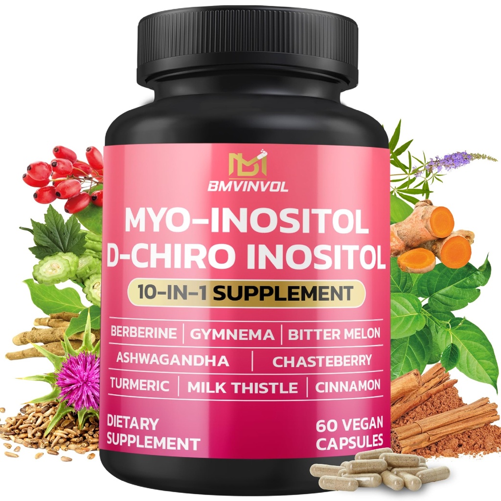 BMVINVOL Inositol Dodatek - Myo- Inositol a D-Chiro Inositol Ideal 40: 1 Poměr - Plus Berberine, Skořice, Ashwagandha + 5 Více - 60 Kapsle