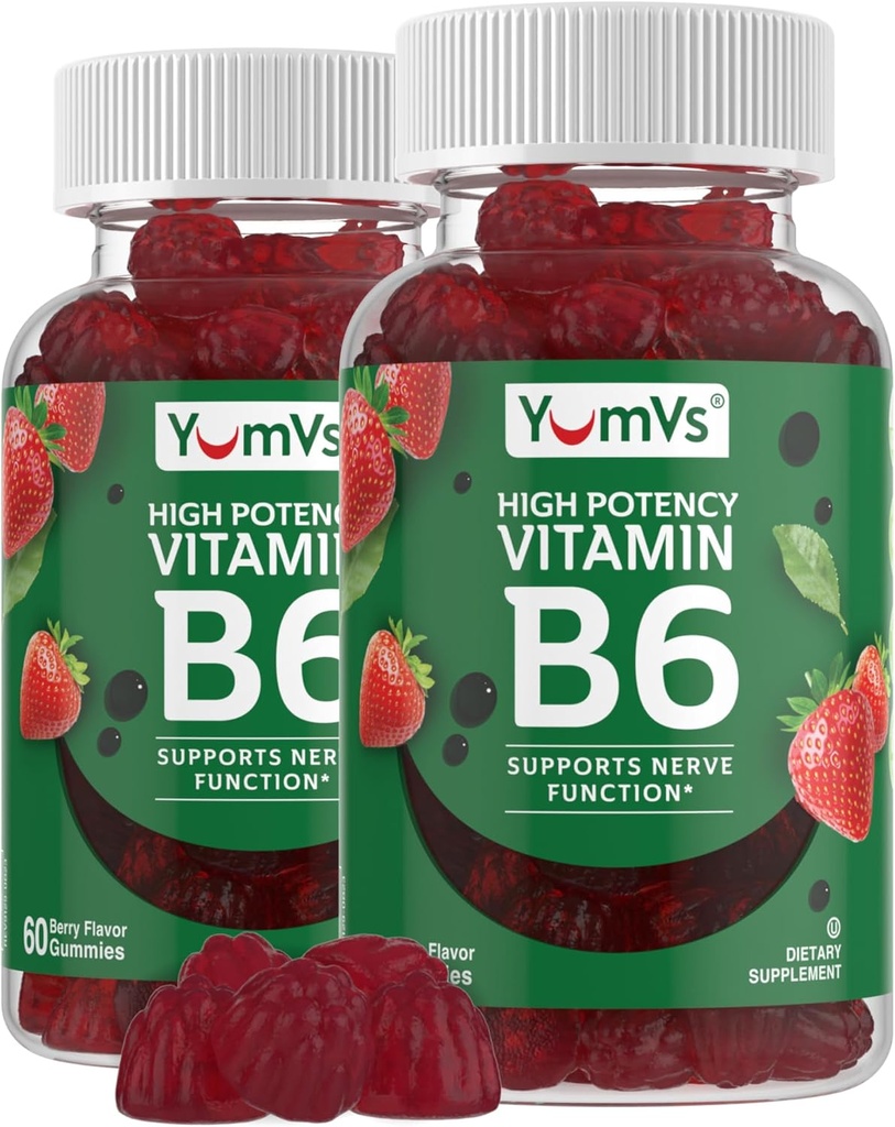 YUM-V 's Vitamin B6 Gummies - High potency Vitamin B6 100mg - Jahodový flavor B6 Vitamíny Gummies - Nerve & imunitní funkce, Non GMO Kosher, 60 Počet - 2 Pack