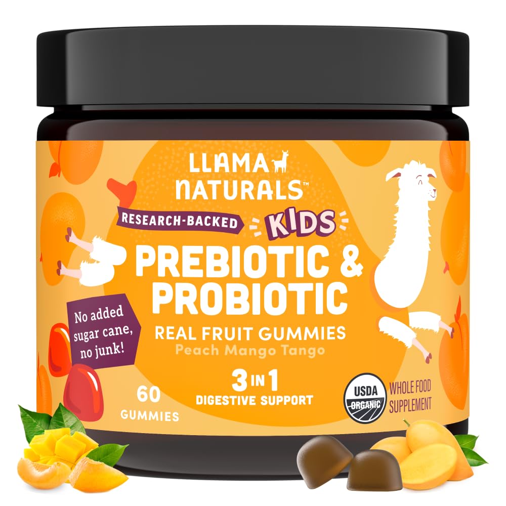 Llama Naturals Děti Probiotika s prebiotický Vlákna, Vegan, Organic Prebiotics a Probiotika Gummies pro Gut Zdravotní Podpora, Toddler Real Fruit Gummy Vitamíny, No Add Cugar Cane, Peach Mango, 60 Ct