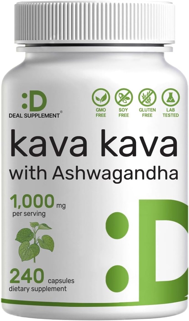 Deal dodatek Kava Kava dodatek 750mg per Serving, 240 Kapsle, 4 měsíce Dodávka - Kava Kava Root Extract s Ashwagandha Root Powder - Non- GMO