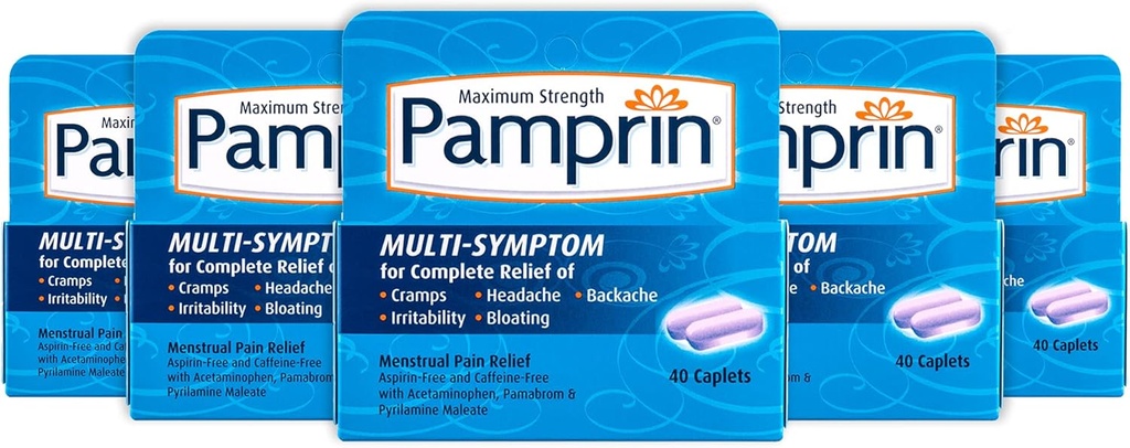 Pamprin Multisymptom Formule, s acetaminofen, menstruační období Symptomy Relief včetně křeče, bolest, podrážděnost a nafouknutí, 40 Kaplety (balení 5)