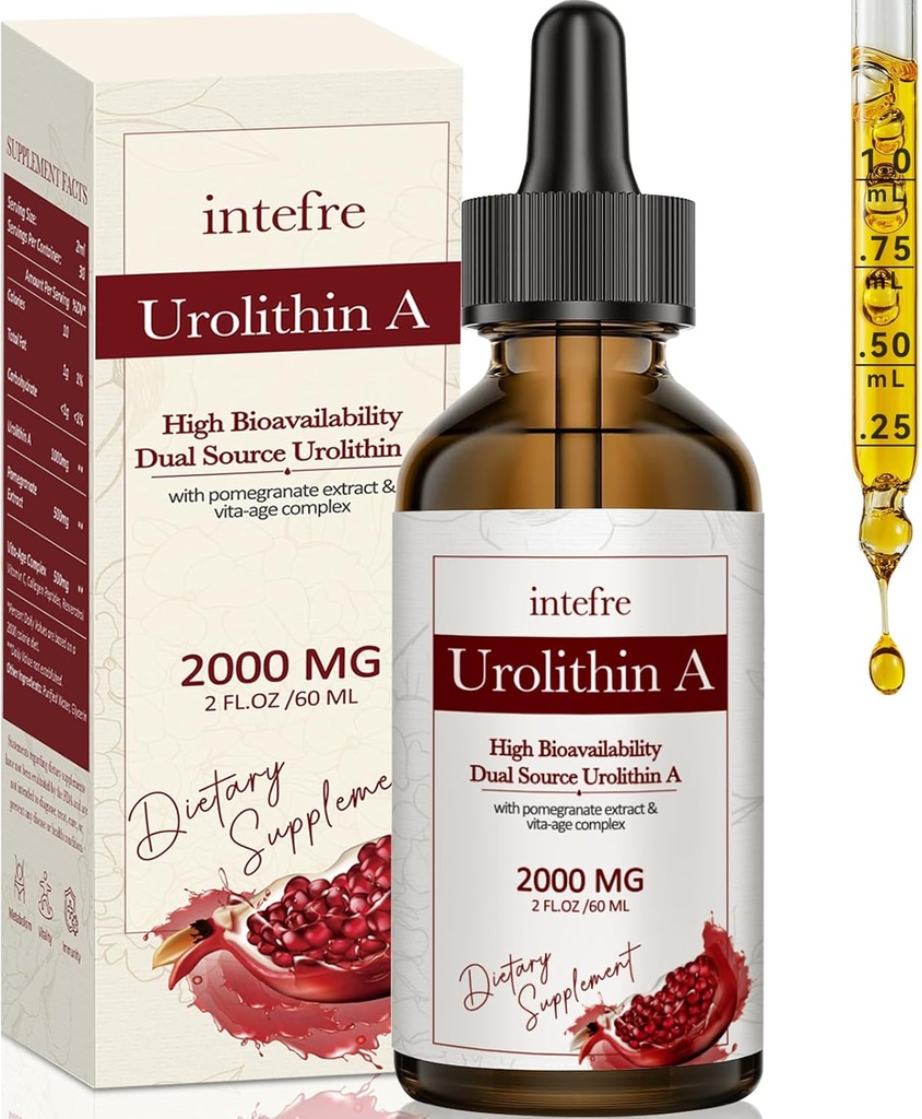 Urolithin A Liquid Drops 2000mg, Urolithin A dodatek s granátovým extraktem, Vita- Age Complex, Podporuje zdravé stárnutí a buněčné opravy, 60ml