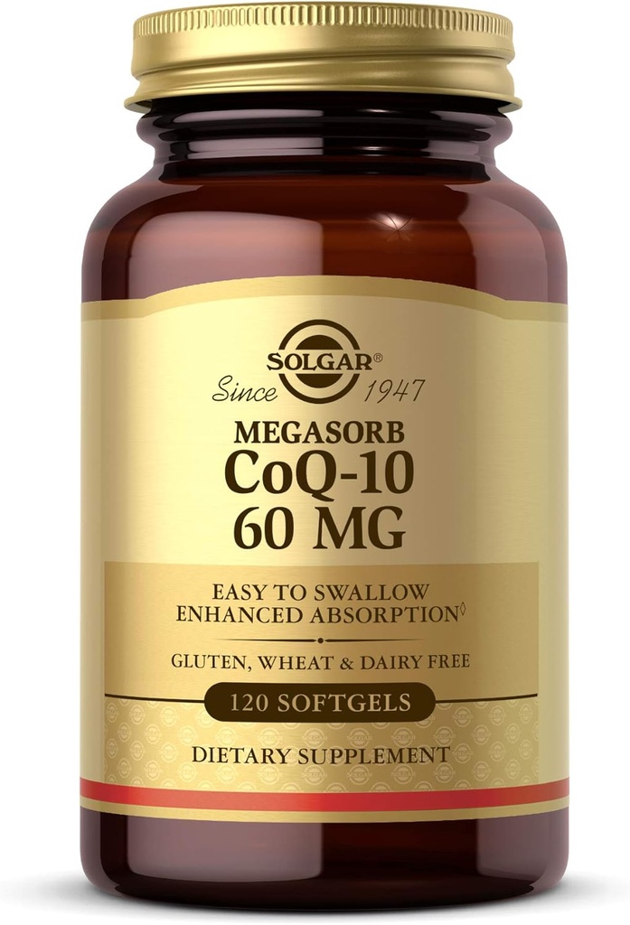 Solgar Megasorb CoQ-10 60 mg, 120 Softgels - Podporuje srdeční a mozkové zdraví - Coenzym Q10 dodatek - Vylepšená absorpce, snadné spolknutí - Gluten zdarma, mléčně zdarma - 120 Služeb