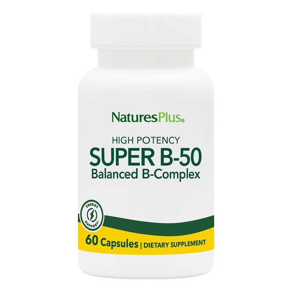 NaturesPlus Super B50-60 Vegetariánské kapsle - High Potency B Complex Vitamin Supplement - Brain & Energy Booster - Gluten- Free - 60 Služeb