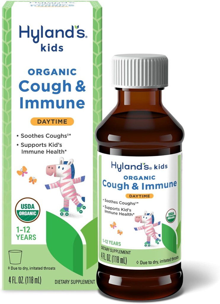 Hyland 's Kids Daytime Organic Cough Syrup and Immunication Support with Agave, Elderberry and Pomegranate, Soothes Cough, and Supports Immunity, 4 Fl. Oz