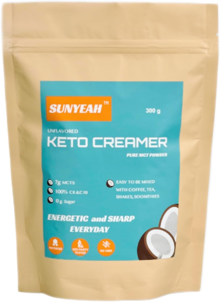 SUNANO MCT Powder - MCT Oil Powder, KETO Coffee Creamer, Pure C8 C10, No-Cukr, Z kokosu, 300 g, Výborný v kávě, Čaj, Voda, Třesy, Smoothies, Neochucené, No-GMO