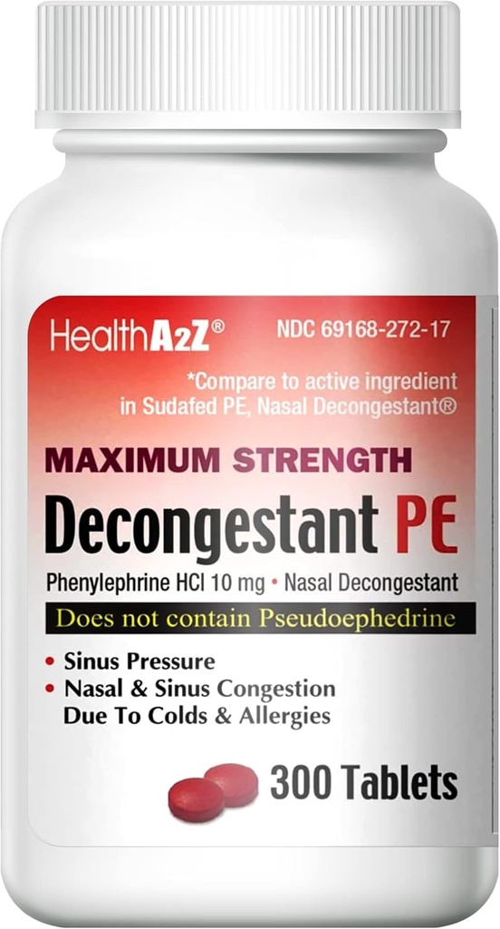 HealthA2Z ® Decongestant PE 124; Fenylefrin HCl 10 mg i. v. 124; maximální síla 124; Nasal & Sinus Congestion Relief due to Cold & Alergies (300 Počet (balení po 1))