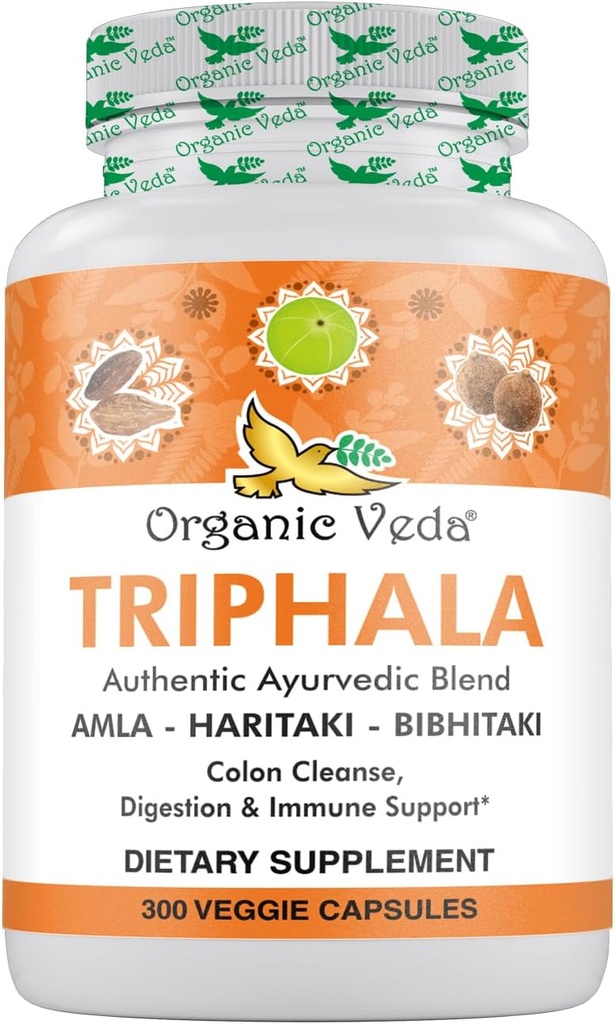 Organic Veda Triphala Powder 300 Kapsle, 1000mg - Organic Triphala Supplement for Colon Cleanse, Imunity, Gut & Digestion Health - Celkově zelená antioxidanty Amla, Haritaki & Bibhitaki - Veganské pilulky