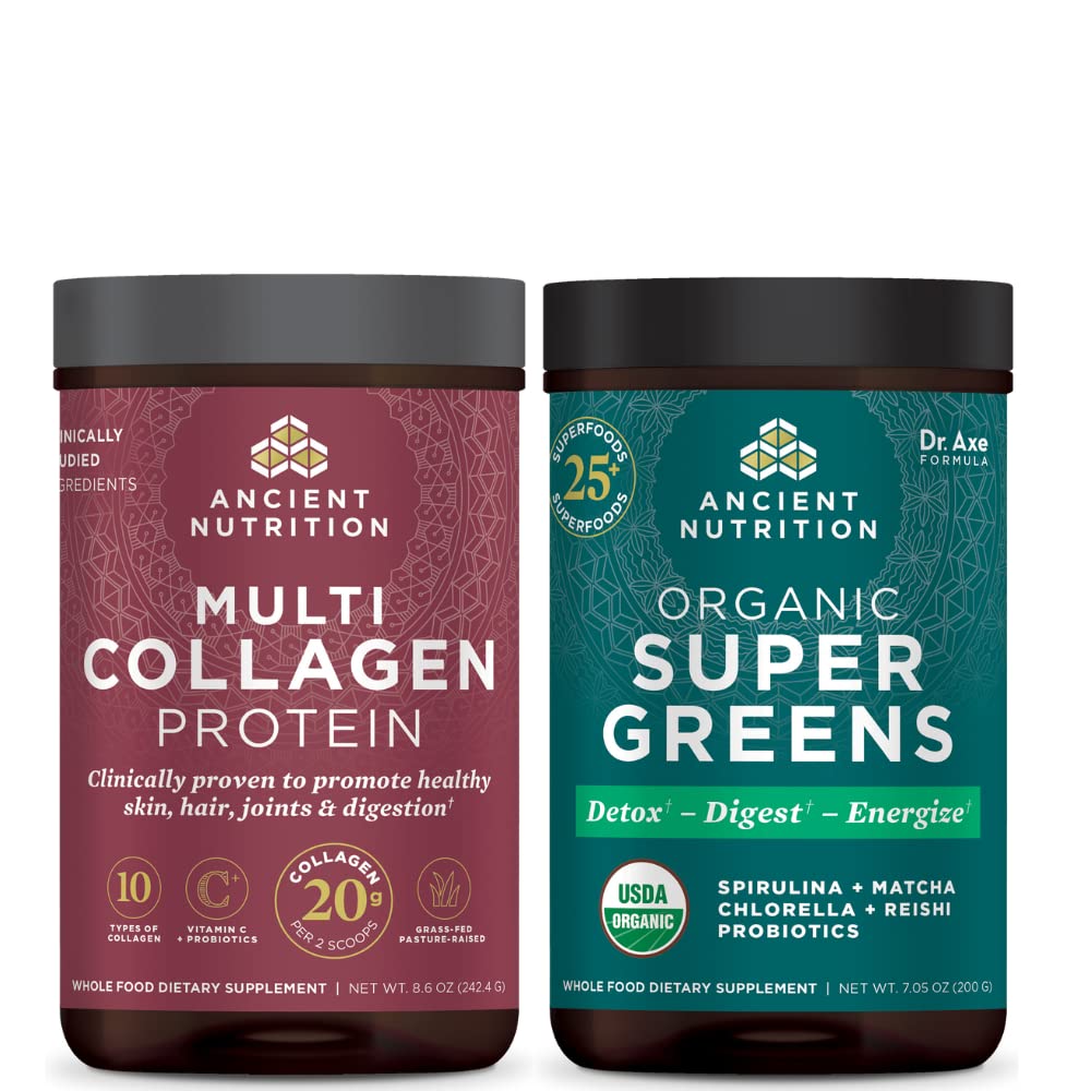 Starověká výživa Multi kolagen protein prášek, bez příchutí, 24 Servings + Supergreens Powder, Green Flavor, 25 Servings