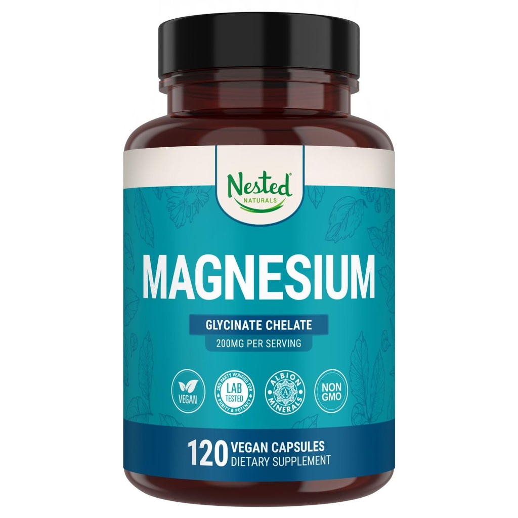Nested Naturals Magnesium Glycinate Chelate - 200mg Chelated Magnesium Supplement for Muscle Cramps, Relaxation, & Sleep Support - 100% Albion TRACCS Buffered Magnesium Glycinate - 120 Vegan Kapsle