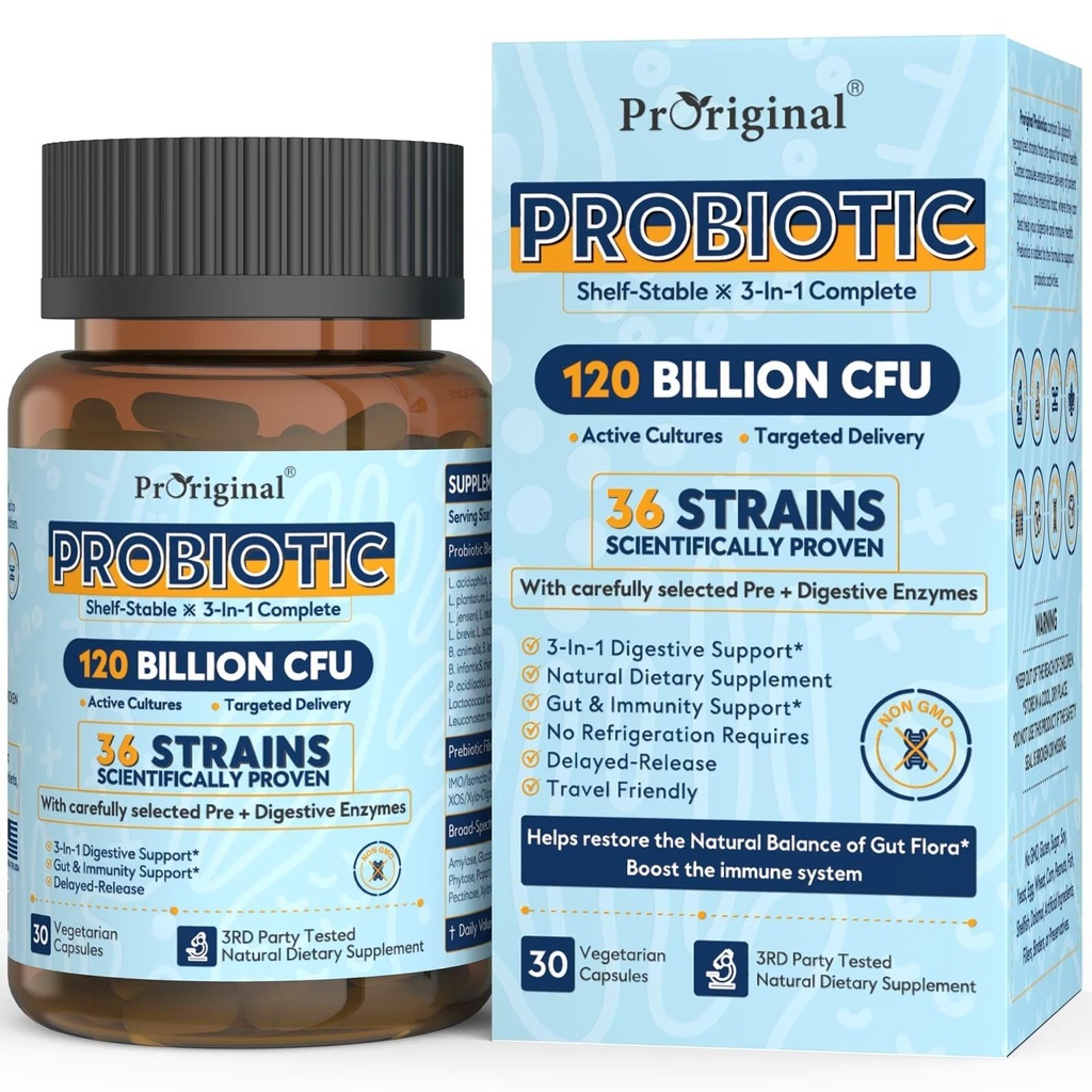 Probiotika pro ženy a muže 120 Miliardy CFU s 36 Probiotické proužky pro trávicí zdraví a Gut zdraví, opožděné uvolnění kapsle, odpor vůči žaludeční kyselině, No Need for inflageration 30 Kapsle