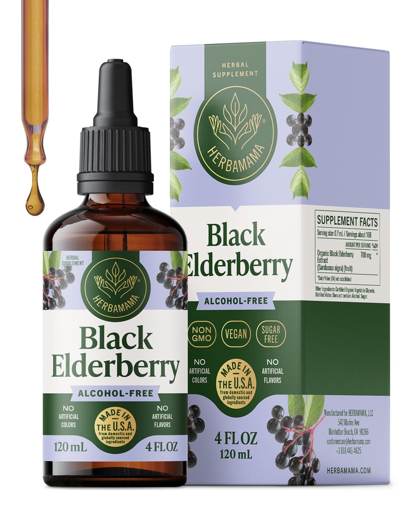 HERBAMAMA Black Elderberry Drops - Vegan Elderberry Liquid Extract pro imunitní podporu - Non- GMO, Alkohol & Sugar- Free Imunity Dodatek, 42- Day Supply