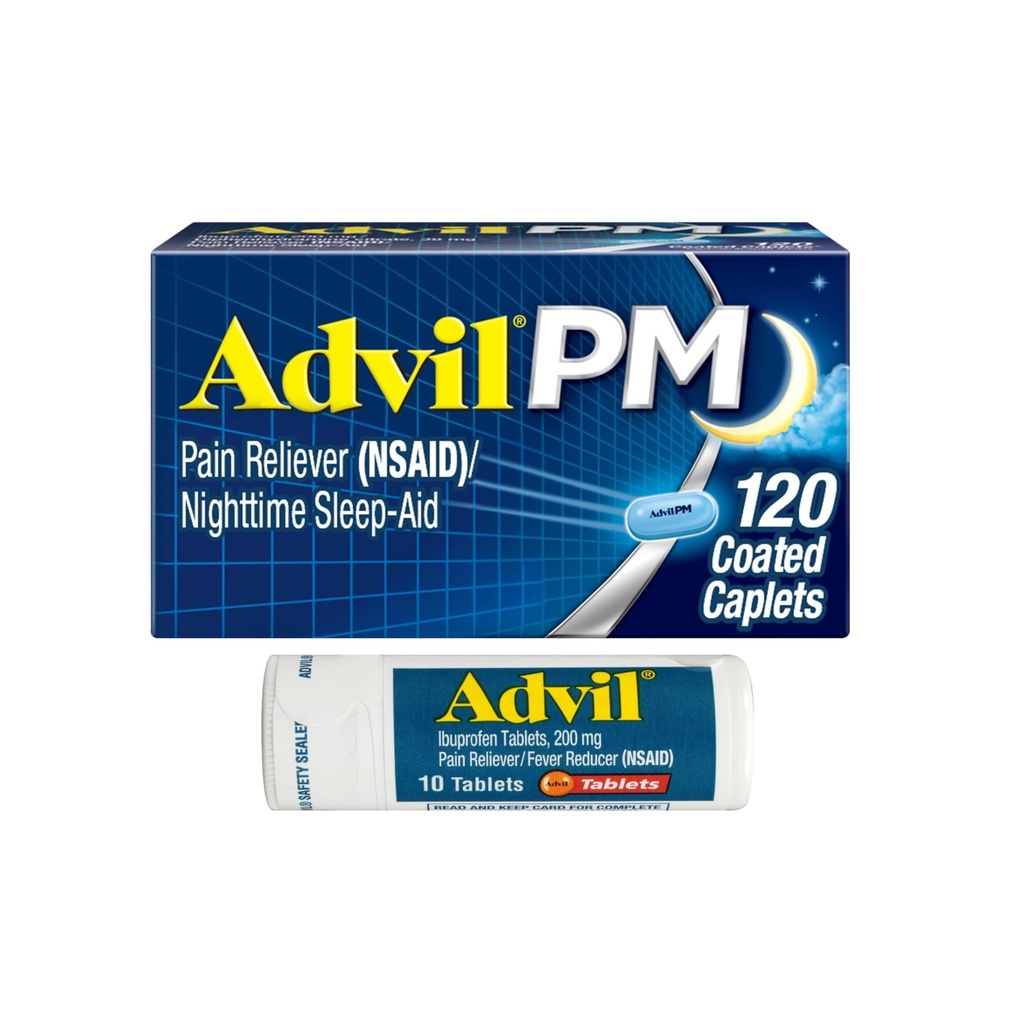 Advil PM Pain Reliever and Nighttime Sleep Aid, Ibuprofen for Pain Relief and Difenhydramine Citrát for a Sleep Aid - 120 Coated Caplet and Pain Reliever and Fever Reducer, 10 Count Tablet
