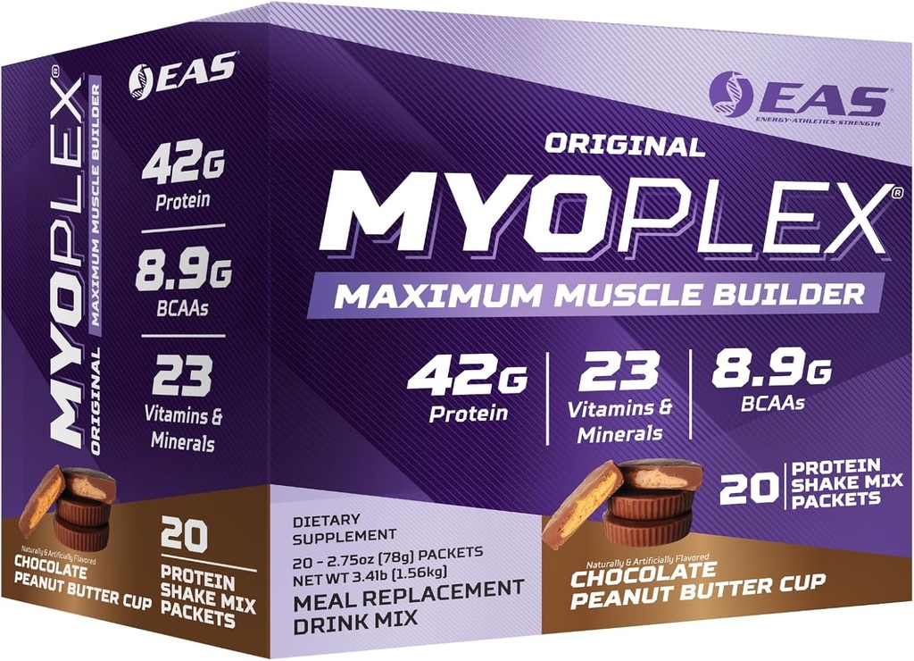 EAS Original Myoplex Maximum Muscle Builder, Meal Replacement Protein Mix 124; Quality Protein Blend Blend 124; 42g Protein, 20 Individual Packet (Chocolate Peanut Butter Cup)