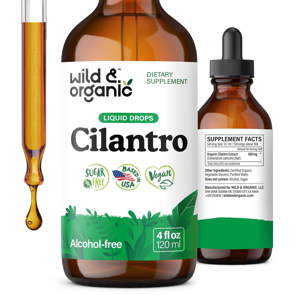 Wild & Organic Cilantro tinktura - Bylinné detox Drops with Cilantro Extract - Liquid Coriander Leaf Supplement - Vegan, Cukr & Alcohol- Free Drops - 4 fl oz