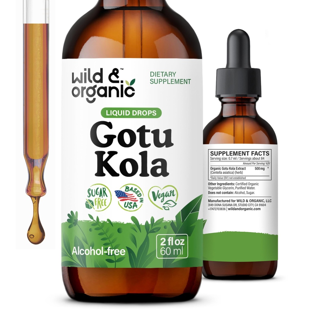 Wild & Organic Gotu Kola Herb Tincture - Brain Support - Gotu Kola Liquid Extract Drops - Vegan, Cukr & Alcohol- Free Centella Asiatica Dodatek - 2 fl oz