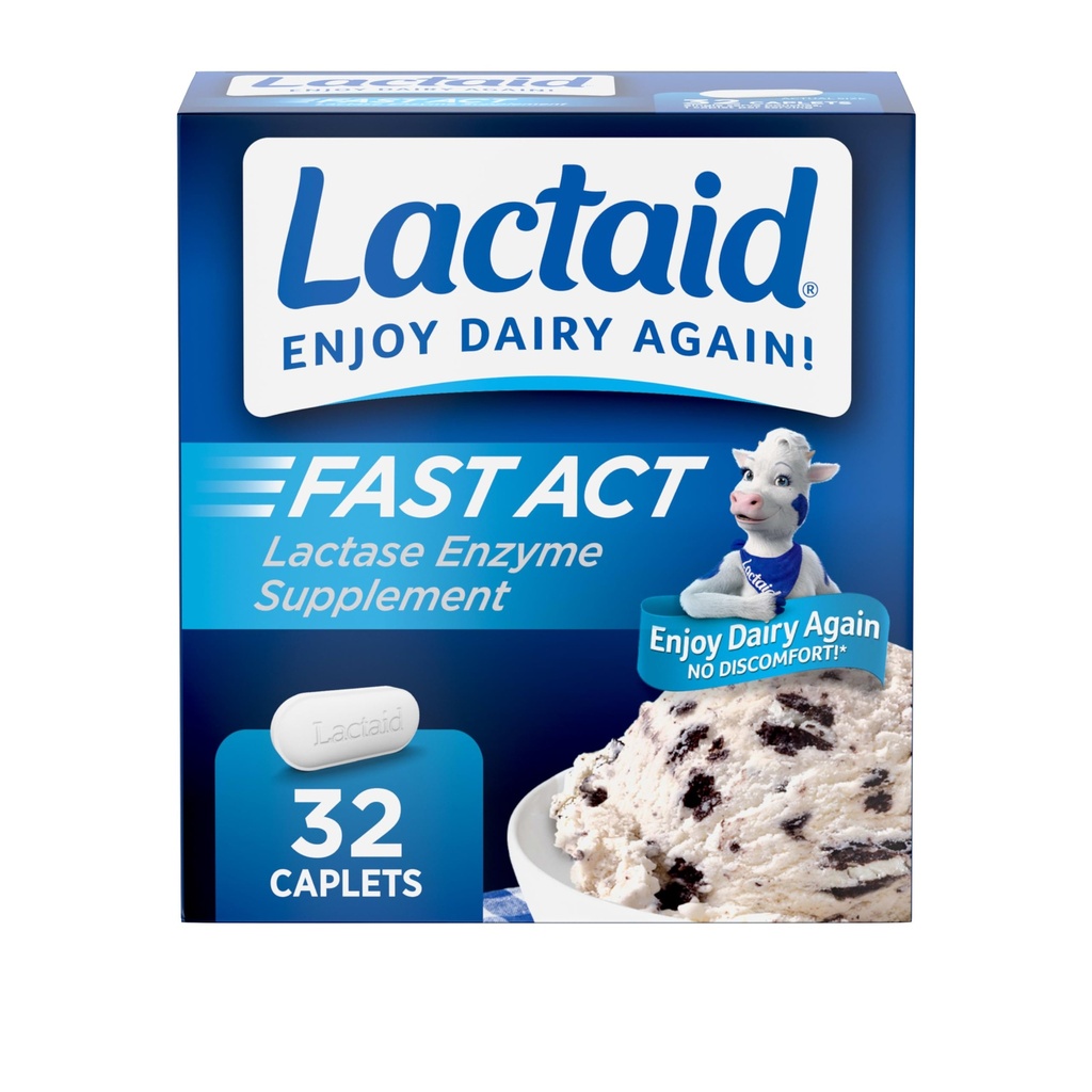 Lactaid Fast Act Intolerance laktózy Relief Caplet s laktázovým enzymem k zabránění plynu, nadýmání a průjem Vzhledem k citlivosti laktózy, Ideální pro cestování & On- The-, 32 Balení 1- Počet