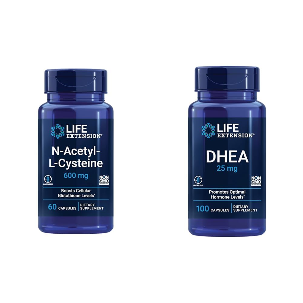Life Extension N- Acetyl- L- Cystein (NAC), Imunitní, Respirační a DHEA 25 mg - Doplněk pro hormonální rovnováhu, Imunitní podpora, Sexuální zdraví, Kostní a kardiovaskulární zdraví