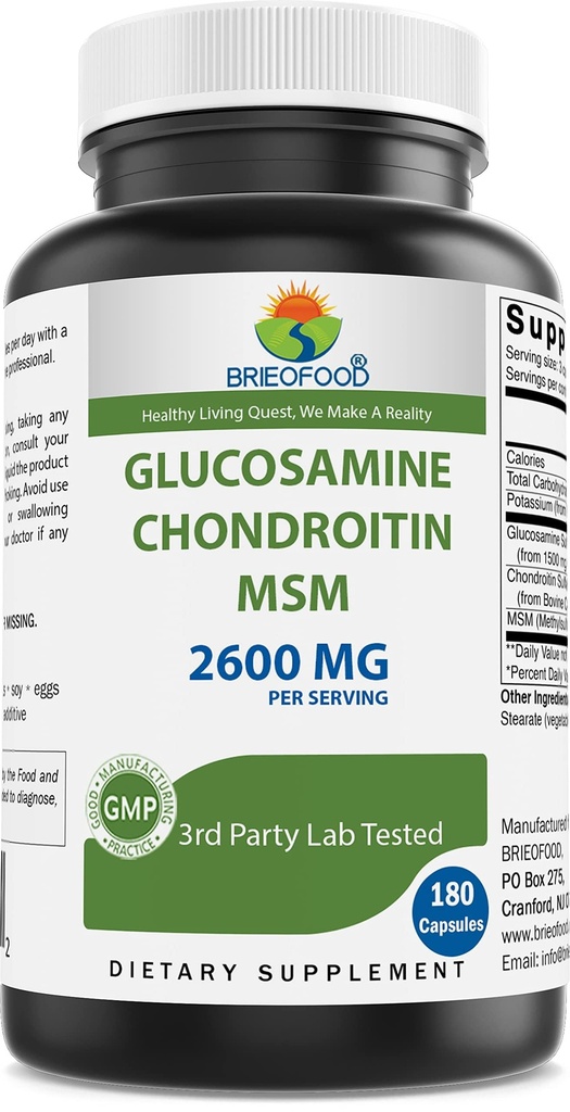 Brieofood Triple Strength Glucosamine Chondroitin MSM 2600mg / Serving Kapsle, Podporuje zdravé klouby, chrupavky a spojovací tkáně - Podporuje společné pohodlí a pružnost 180 Počet