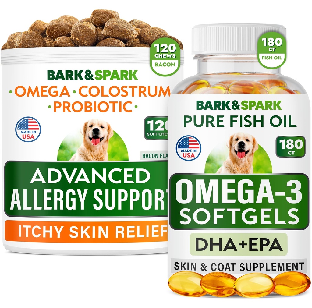 Advanced Dog Alergie + Omega 3 Bundle - Itch Relief - Probiotika w / Fish Oil Omega 3 + EPA & DHA Fatty Acid - Kožní alergie + Joint Health - 120 Chews + 180 Softgels - Bacon + Fish Flavor - Made in USA