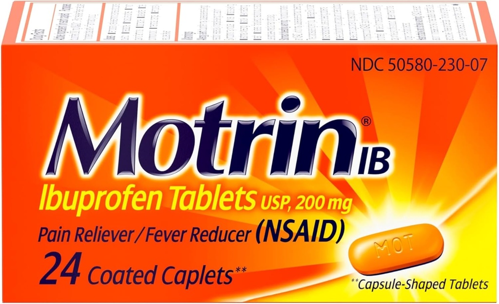 Motrin IB, Ibuprofen 200mg Tablety pro horečku, svalů, bolesti hlavy a bolesti zad, 24 Ct