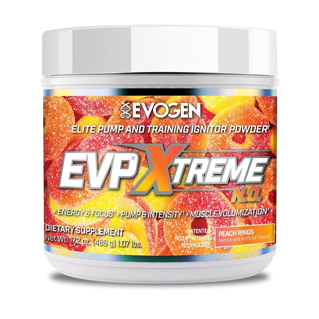 Evogen EVP Xtreme NO - Předcvičení prášek pro muže a ženy CARL 124; Sugar Free Prework with Beta Alanin, Creatine, and Caffeine for Energy & Pump CARL 124; Peach Rings CARL 124; 40 Servings