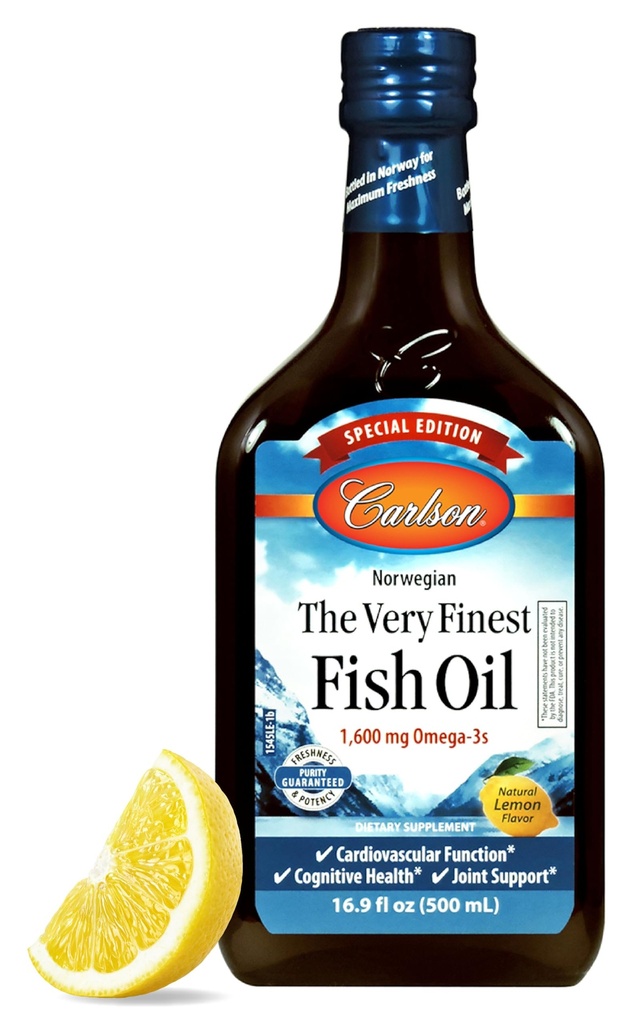 Carlson - Nejjemnější rybí olej, Speciální vydání, 1600 mg Omega-3s, Tekutý dodatek, Norský rybí olej, Wild- Caught, Udržitelně sourced Liquid, Lemon, 500 ml (16.9 Fl Oz)