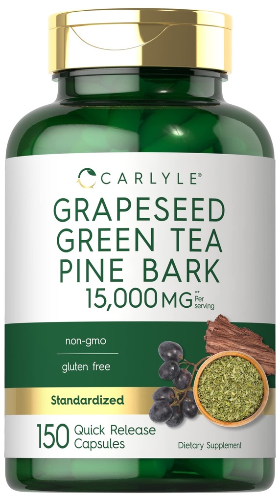 Carlyle Grapeseed, Green Tea, Pine Bark CLAS124; 15,000mg CLAS124; 150 Capsules CLAS124; Non- GMO a gluten zdarma dodatek