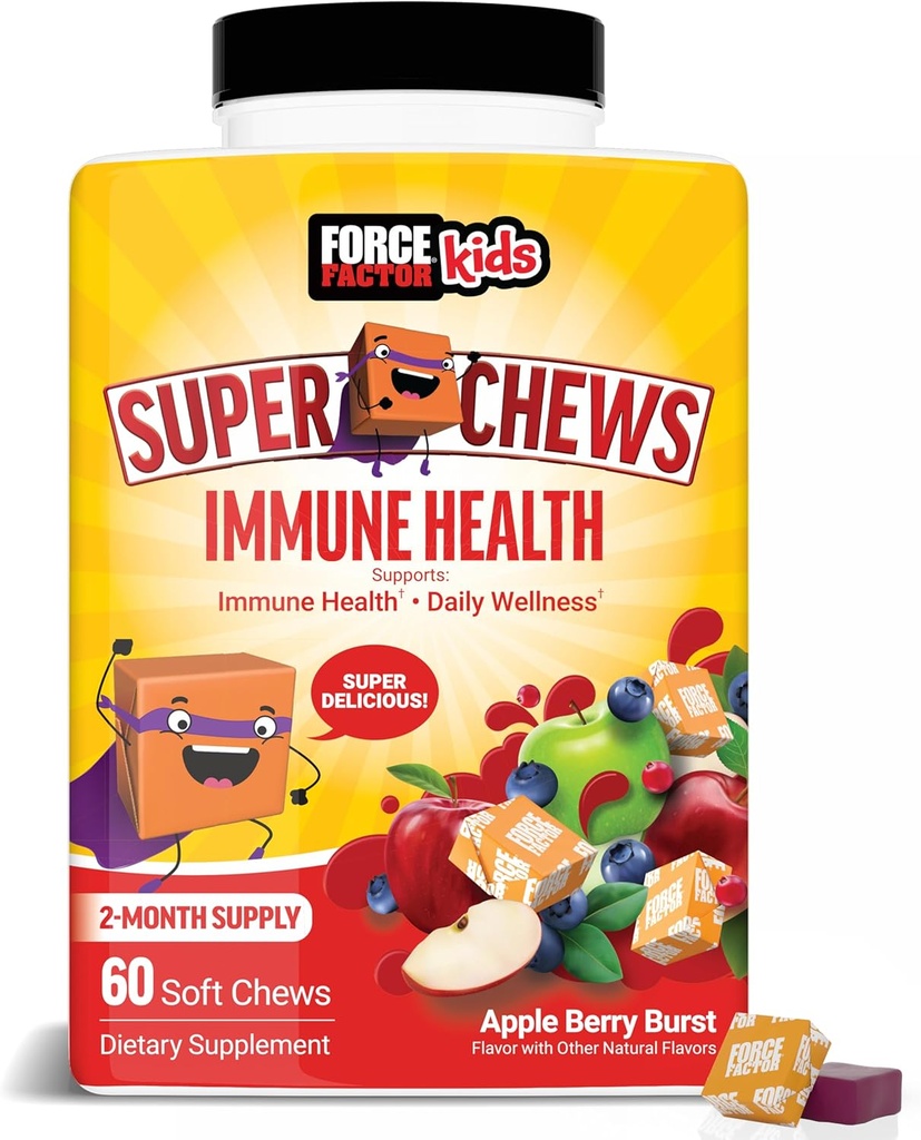 FORCE FACTOR Děti Imunitní zdraví Super Chews, Děti Imunitní Supplement s vitamínem D pro děti, Elderberry, Vitamin C, & Zink, 2-Month Supply, Non- GMO, Apple Berry Flavor, 60 měkkých Chews